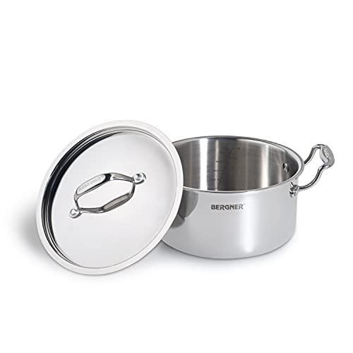 BERGNER Argent Tri-Ply Stainless Steel Casserole With Stainless Steel Lid (22 Cm, 4.1 Litres, Induction Base, Silver),Non-Stick, 4.1 Liter