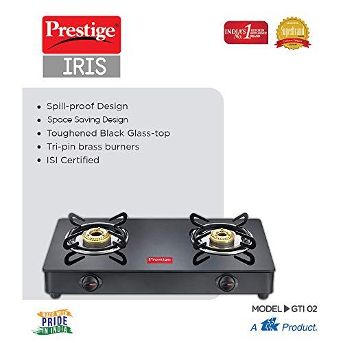Prestige IRIS Toughened Glass-Top 2 Brass Burner LPG Gas Stove | Black | Spill Proof | Ergonomic Knobs | Tri-Pin Brass Burners - Image 5