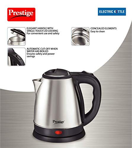 Prestige 1.5 Litres Electric Kettle (PKOSS 1.5)|1500W | Silver - Black| Automatic Cut-off | Stainless Steel | Rotatable Base | Power Indicator | Single-Touch Lid Locking - Image 6