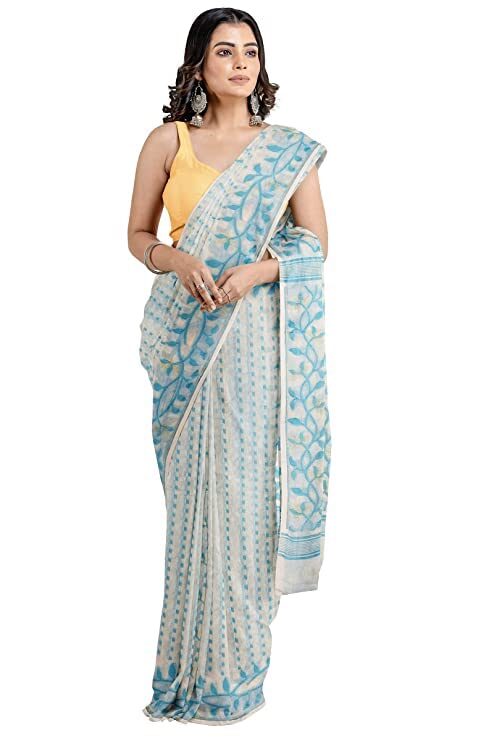 OISHANI SAREE GHOR Women's Traditional Bengal Cotton Silk Belpata Jamdani Saree (White SkyBlue) - Image 3