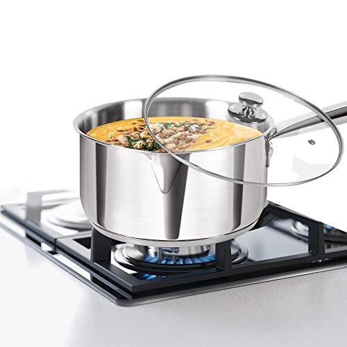 Milton Pro Cook Stainless Steel Sandwich Bottom Induction Sauce/Tea Pan with Glass Lid, 14 cm / 1.2 litres, Steel Plain | Dishwasher Safe | Flame Safe | Gas Stove Safe | Hot Plate Safe | SS Handle