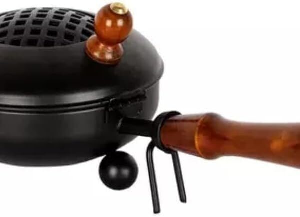 Dhoop Dani Dhuni Loban Burner, Charcoal Incense Burner with Wooden Handle for Puja, Home Temple, Home Decor, Office