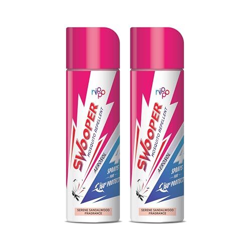 Nippo Swooper Aerosol | Instant Mosquito Repellent Spray| 4 Sprays- 360 Degree Mosquito Protection |Serene Sandalwood Fragrance | Pack of 2-32g(50ml) Each