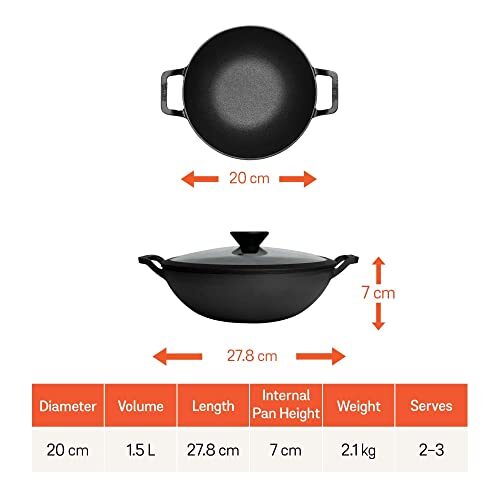 Meyer Pre Seasoned Cast Iron Kadai 20cm, Black - Image 2