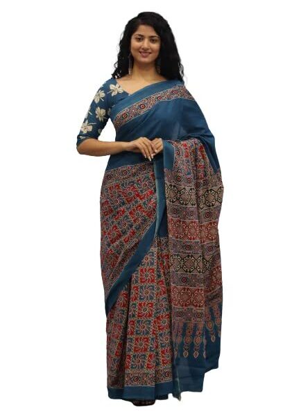 Tropwear Handicrafts Women's Ikat Hand Block Print Jaipuri Cotton Mulmul Saree with Blouse Piece - _SH_320