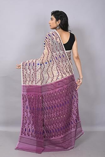 OISHANI SAREE GHOR Women's Traditional Bengal Cotton Resham Nakshi Design Jamdani Saree (Magenda) - Image 5