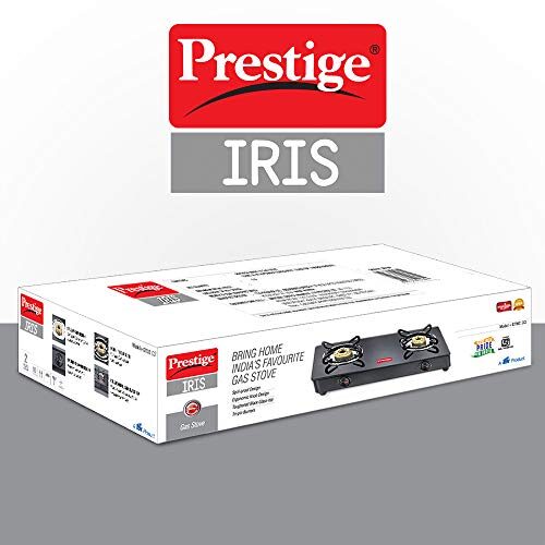 Prestige IRIS Toughened Glass-Top 2 Brass Burner LPG Gas Stove | Black | Spill Proof | Ergonomic Knobs | Tri-Pin Brass Burners - Image 2