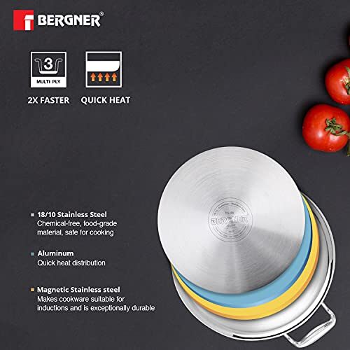 BERGNER Argent Tri-Ply Stainless Steel Casserole With Stainless Steel Lid (22 Cm, 4.1 Litres, Induction Base, Silver),Non-Stick, 4.1 Liter - Image 12