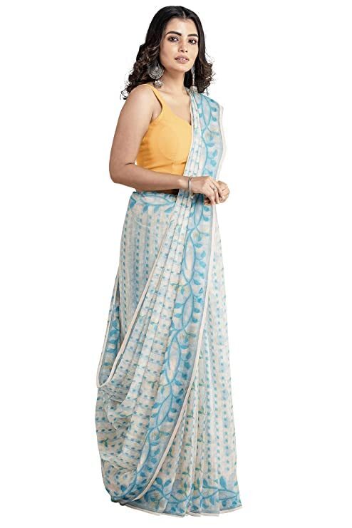 OISHANI SAREE GHOR Women's Traditional Bengal Cotton Silk Belpata Jamdani Saree (White SkyBlue) - Image 5