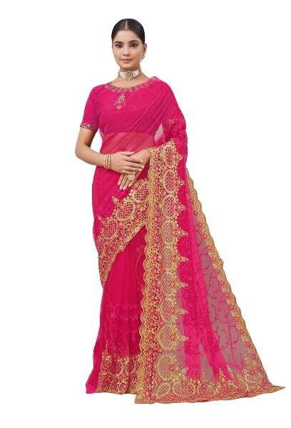 KHRITI FAB Women's New Embroidery Net Sari With Unstitched Blouse Piece(Free Size) (Gajari)