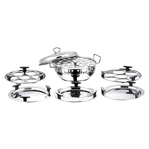 Vinod 6 Pc Stainless Deluxe Multi Kadai Set: 2 Idli Plates,2 Dhokla Plates,1 Patra Plate & 1 Mini Idli Plate- 2Yr Warranty,Silver (Induction Friendly) - Image 2
