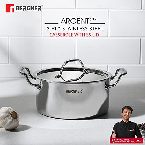 BERGNER Argent Tri-Ply Stainless Steel Casserole With Stainless Steel Lid (22 Cm, 4.1 Litres, Induction Base, Silver),Non-Stick, 4.1 Liter - Image 13