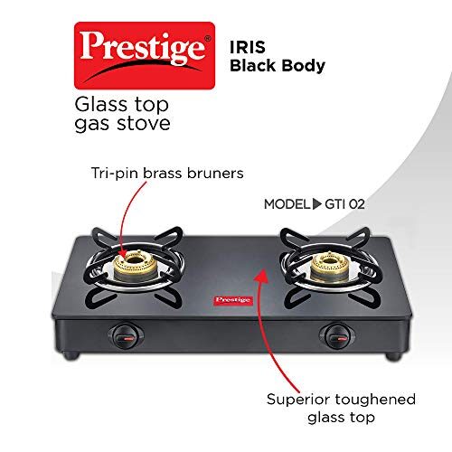 Prestige IRIS Toughened Glass-Top 2 Brass Burner LPG Gas Stove | Black | Spill Proof | Ergonomic Knobs | Tri-Pin Brass Burners - Image 6