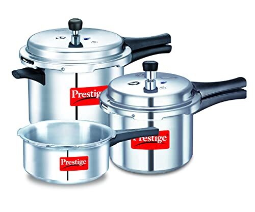 Prestige 2L+3L+5 L Popular Max outer lid Aluminium combo Pressure Cooker with polished finish|Deep lid controls spillage|Induction based|Straight wall|Pressure Indicator | Gasket-release system|Silver
