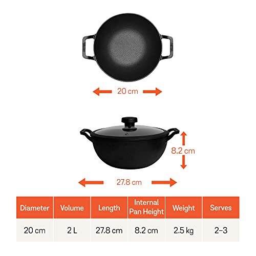 Meyer Pre Seasoned Cast Iron Kadai|Iron Kadhai with Lid for Cooking and Deep Frying | Heavy Base Iron Kadai Small Size | Gas Stove and Induction Friendly 20cm/ 2 Liters, Black - Image 2