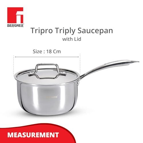 Bergner TriPro Tri-ply Stainless Steel Saucepan with Stainless Steel Lid 18 cm, 2.45 Litre, Induction Base, Silver - Image 2