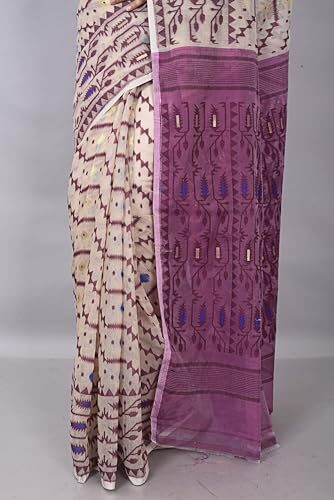 OISHANI SAREE GHOR Women's Traditional Bengal Cotton Resham Nakshi Design Jamdani Saree (Magenda) - Image 4
