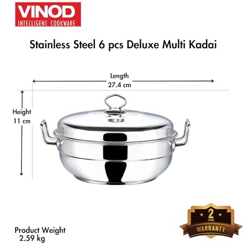 Vinod 6 Pc Stainless Deluxe Multi Kadai Set: 2 Idli Plates,2 Dhokla Plates,1 Patra Plate & 1 Mini Idli Plate- 2Yr Warranty,Silver (Induction Friendly) - Image 7