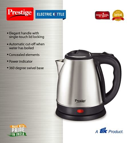Prestige 1.5 Litres Electric Kettle (PKOSS 1.5)|1500W | Silver - Black| Automatic Cut-off | Stainless Steel | Rotatable Base | Power Indicator | Single-Touch Lid Locking - Image 8