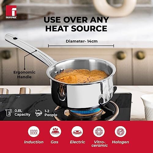 BERGNER Tripro Triply Stainless Steel Saucepan/Tea Pan/Milk Pan, 14 Cm, 1.2 LTR, Chai Pan Without Lid, Induction and Gas Ready, Heavy Bottom, Long Stay Cool Handle, Silver,Polished, 1.2 Liter - Image 4