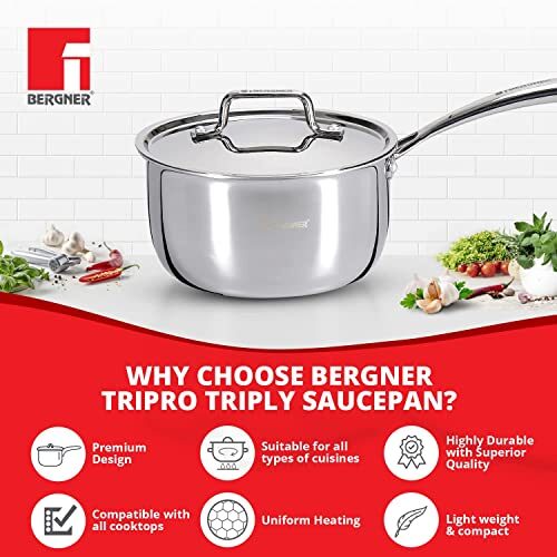 Bergner TriPro Tri-ply Stainless Steel Saucepan with Stainless Steel Lid 18 cm, 2.45 Litre, Induction Base, Silver - Image 5