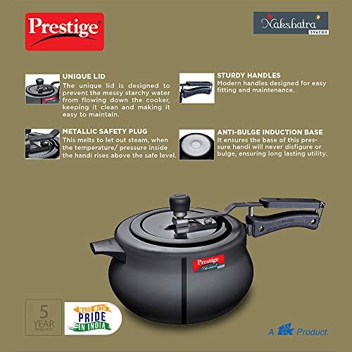 Prestige 5 Litres Svachh Nakshatra Plus Induction Base Inner Lid Hard Anodised Pressure Handi |Black | Deep Lid | Anti-Bulge Base | Sturdy Handles - Image 4