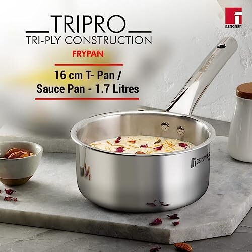 Bergner Tripro Triply Stainless Steel 4 Pc Cookware Set, 24 cm Indian Wok/Kadai with Lid, 22 cm Frypan, 16 cm Tea Pan, Even and Fast Heating, Induction Bottom, Gas Ready, Silver - Image 4