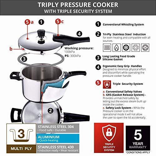 Bergner Argent Elements Triply 3.5 Litres Stainelss Steel Pressure Cooker with Triple Safety System, Easy to Use & Hold Handles, Extra locking system - Image 4
