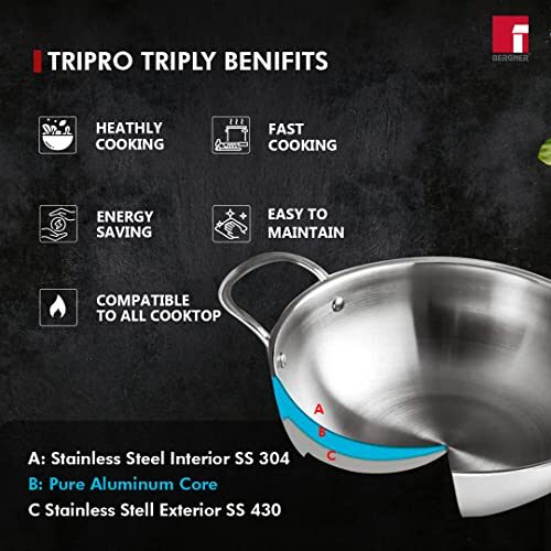 Bergner Tripro Triply Stainless Steel 4 Pc Cookware Set, 24 cm Indian Wok/Kadai with Lid, 22 cm Frypan, 16 cm Tea Pan, Even and Fast Heating, Induction Bottom, Gas Ready, Silver - Image 7