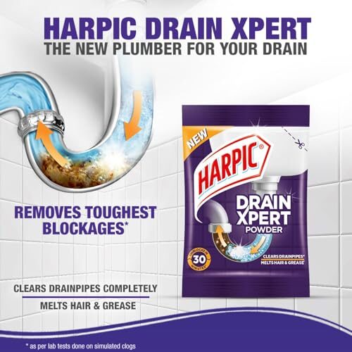Harpic Toilet Cleaner Original, 1 L + Bathroom Cleaner Lemon - 1 L + Drain Xpert Drain Cleaning Powder (50g x 8) - Image 3