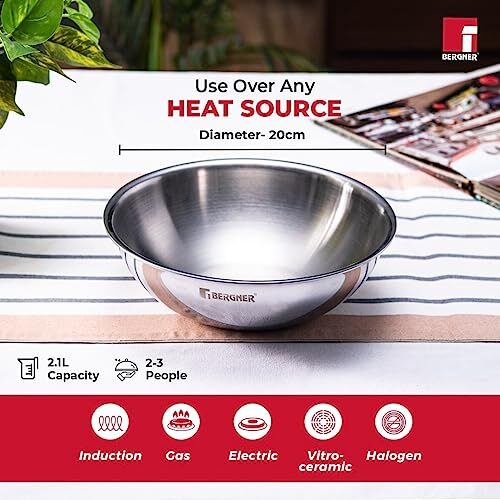 Bergner Tripro Triply Stainless Steel Cook and Serve Tasla/ Tasra Kadai / Handleless Wok with Lid, 20 cm, 2.1 Litres, Flared Rim, Heavy Bottom, Induction and Gas Ready, Silver - Image 4
