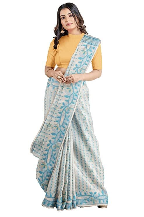 OISHANI SAREE GHOR Women's Traditional Bengal Cotton Silk Belpata Jamdani Saree (White SkyBlue)