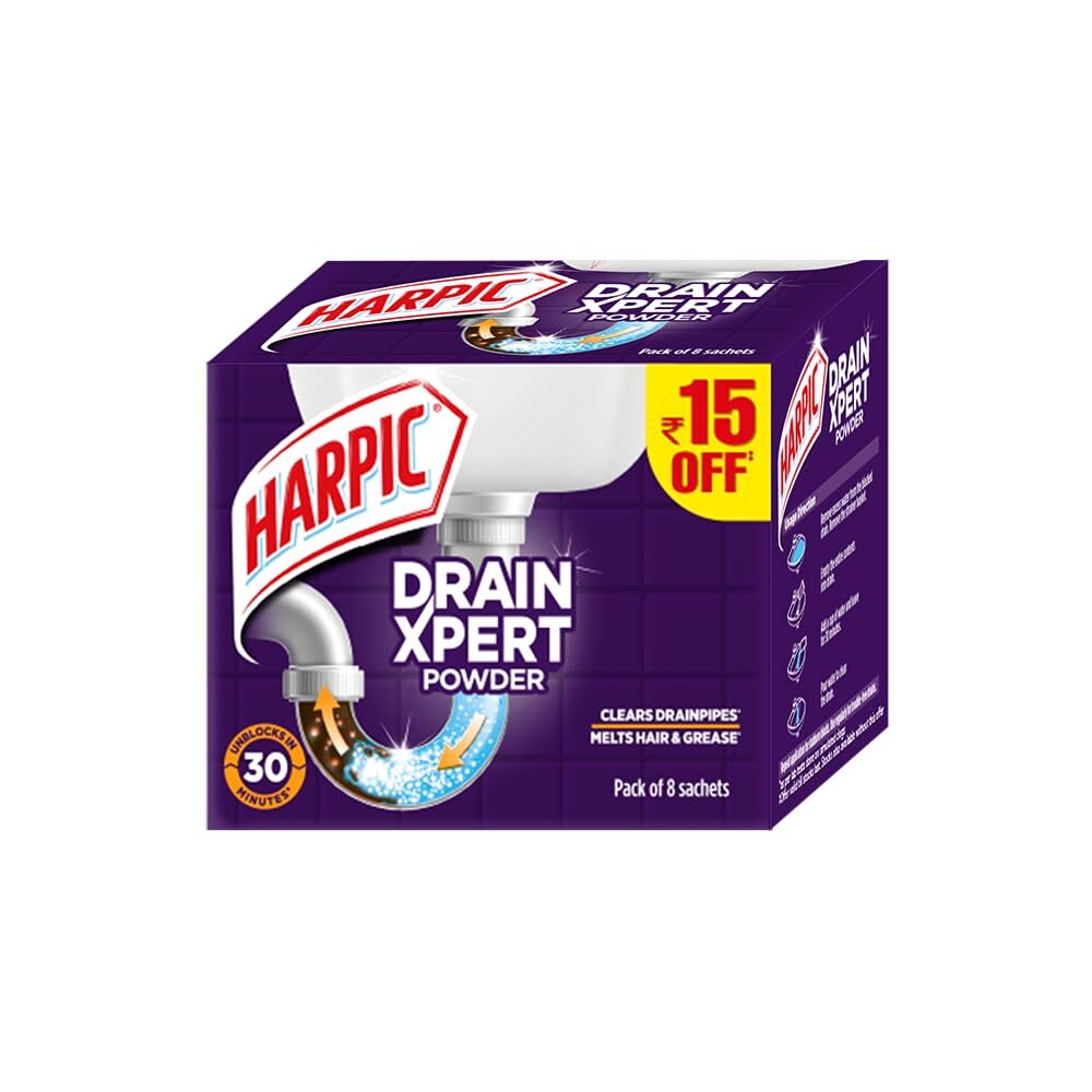 Harpic Disinfectant Toilet Cleaner Liquid, Orange - 1 L & Harpic Drain Xpert Drain Cleaner Powder (50g x 8) | Effective Sink Cleaner, Drain Blockage Remover, Drain Pipe Cleaner - Image 3