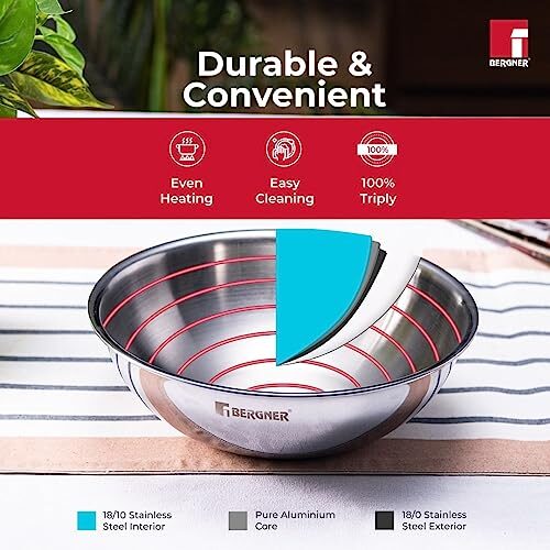 Bergner Tripro Triply Stainless Steel Cook and Serve Tasla/ Tasra Kadai / Handleless Wok with Lid, 20 cm, 2.1 Litres, Flared Rim, Heavy Bottom, Induction and Gas Ready, Silver - Image 6