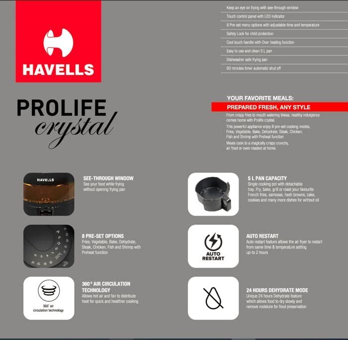 Havells Air Fryer Prolife Crystal | See-Through Window | 85% Less Oil | 5L Pan | 8 Presets Menu | Auto Restart | Touch Screen | Digital Display |Dehydrator Mode | 1500 Watt & 2 Year Warranty, 5 Liter - Image 9