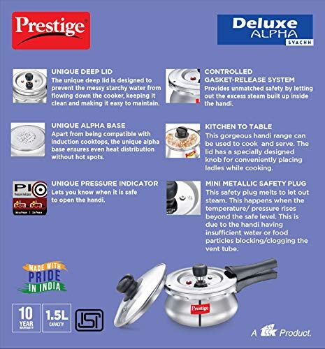 Prestige Deluxe Alpha Svachh Stainless Steel Outer Lid Pressure Cooker 1.5L with Glass Lid (With Deep Lid For Spillage Control) - Image 4