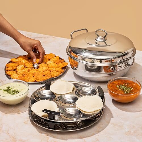 Vinod 6 Pc Stainless Deluxe Multi Kadai Set: 2 Idli Plates,2 Dhokla Plates,1 Patra Plate & 1 Mini Idli Plate- 2Yr Warranty,Silver (Induction Friendly) - Image 10