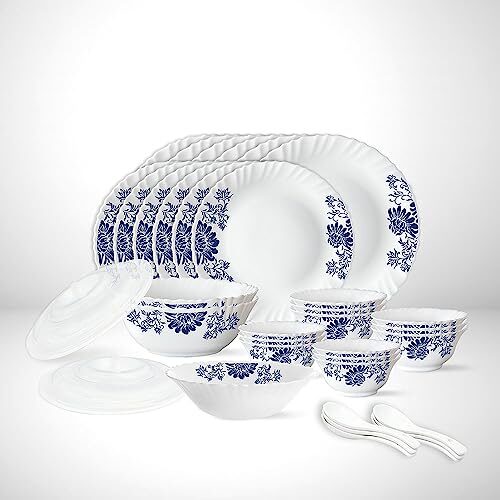 Larah by Borosil Leona Silk Series Opalware Dinner Set | 35 Pieces for Family of 6 | Microwave & Dishwasher Safe | Bone-Ash Free | Crockery Set for Dining & Gifting | Plates & Bowls | White