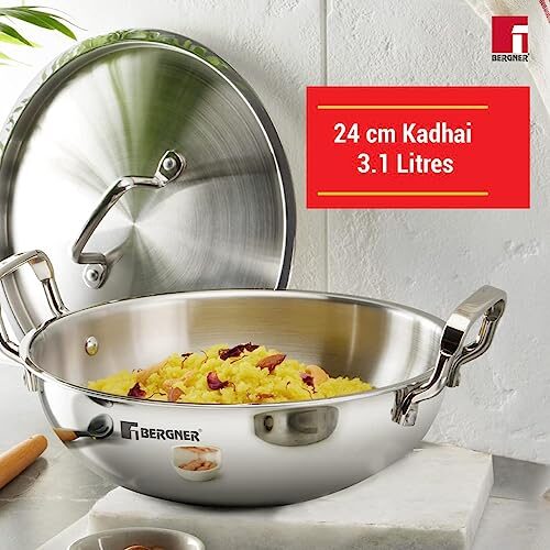 Bergner Tripro Triply Stainless Steel 4 Pc Cookware Set, 24 cm Indian Wok/Kadai with Lid, 22 cm Frypan, 16 cm Tea Pan, Even and Fast Heating, Induction Bottom, Gas Ready, Silver - Image 3