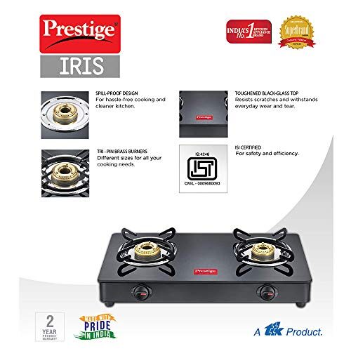Prestige IRIS Toughened Glass-Top 2 Brass Burner LPG Gas Stove | Black | Spill Proof | Ergonomic Knobs | Tri-Pin Brass Burners - Image 4