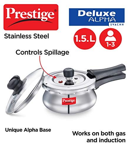 Prestige Deluxe Alpha Svachh Stainless Steel Outer Lid Pressure Cooker 1.5L with Glass Lid (With Deep Lid For Spillage Control) - Image 6