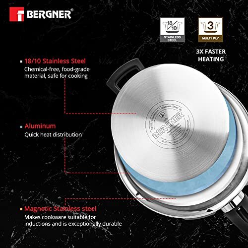 Bergner Argent Elements Triply 3.5 Litres Stainelss Steel Pressure Cooker with Triple Safety System, Easy to Use & Hold Handles, Extra locking system - Image 2