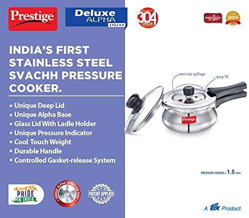 Prestige Deluxe Alpha Svachh Stainless Steel Outer Lid Pressure Cooker 1.5L with Glass Lid (With Deep Lid For Spillage Control) - Image 5