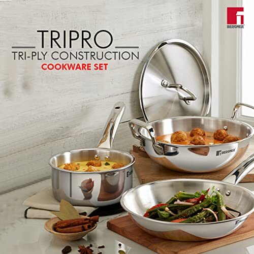 Bergner Tripro Triply Stainless Steel 4 Pc Cookware Set, 24 cm Indian Wok/Kadai with Lid, 22 cm Frypan, 16 cm Tea Pan, Even and Fast Heating, Induction Bottom, Gas Ready, Silver - Image 2