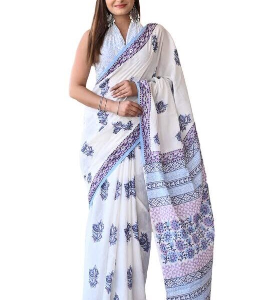 Shivanya Handicrafts Women's Hand Block Print Mulmul Cotton Sarees with Attach Blouse Piece (SH-1444, White)