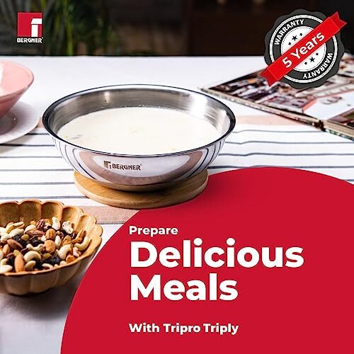 Bergner Tripro Triply Stainless Steel Cook and Serve Tasla/ Tasra Kadai / Handleless Wok with Lid, 20 cm, 2.1 Litres, Flared Rim, Heavy Bottom, Induction and Gas Ready, Silver - Image 7