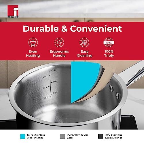 BERGNER Tripro Triply Stainless Steel Saucepan/Tea Pan/Milk Pan, 14 Cm, 1.2 LTR, Chai Pan Without Lid, Induction and Gas Ready, Heavy Bottom, Long Stay Cool Handle, Silver,Polished, 1.2 Liter - Image 6