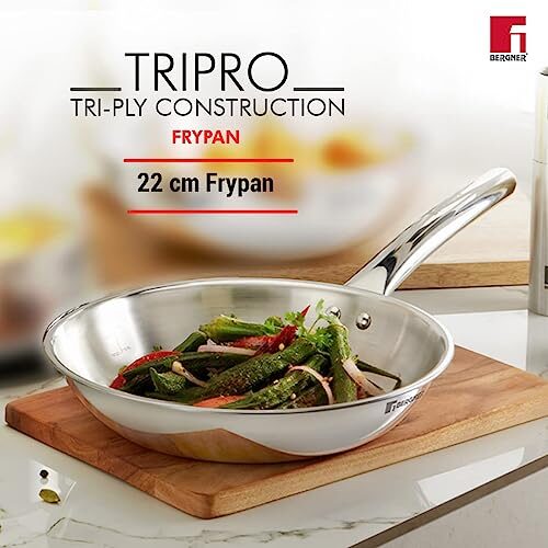 Bergner Tripro Triply Stainless Steel 4 Pc Cookware Set, 24 cm Indian Wok/Kadai with Lid, 22 cm Frypan, 16 cm Tea Pan, Even and Fast Heating, Induction Bottom, Gas Ready, Silver - Image 5