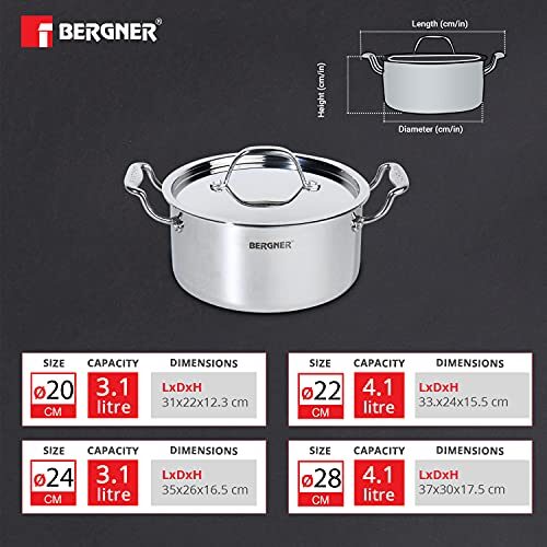 BERGNER Argent Tri-Ply Stainless Steel Casserole With Stainless Steel Lid (22 Cm, 4.1 Litres, Induction Base, Silver),Non-Stick, 4.1 Liter - Image 9