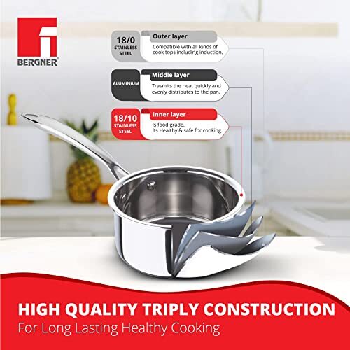 Bergner TriPro Tri-ply Stainless Steel Saucepan with Stainless Steel Lid 18 cm, 2.45 Litre, Induction Base, Silver - Image 6